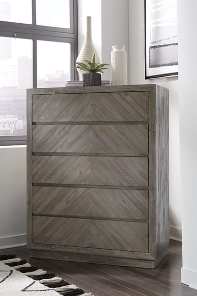 Modus Bedroom Herringbone Solid Wood 5 Drawer Chest In Rustic Latte 5QS384