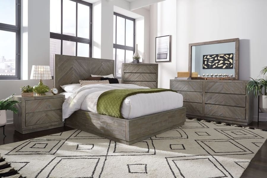 Modus Bedroom Herringbone Solid Wood Platform Bed In Rustic Latte 5QS3H5