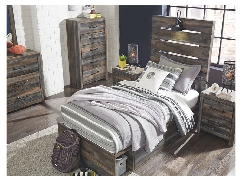 Ashley Bedroom Dresser and Mirror and Twin Panel Bed with Storage and 2 Nightstands Set B211-31-36-53-52-150-B100-11-92-2
