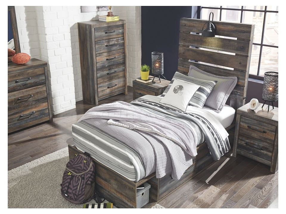 Ashley Bedroom Dresser and Mirror and Twin Panel Bed with Storage and 2 Nightstands Set B211-31-36-53-52-150-B100-11-92-2