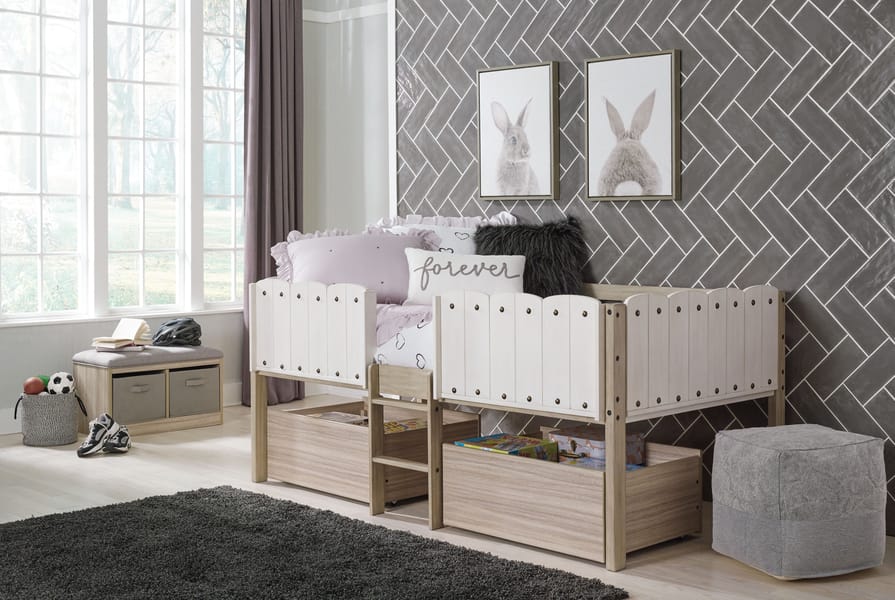 Ashley Bedroom Twin Loft Bed With Fence Panel And Underbed Storage Boxes B081-162-62D