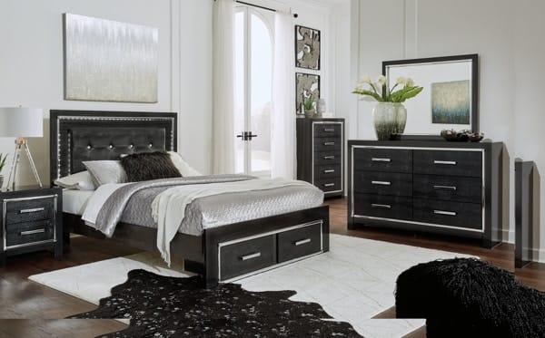 Ashley Bedroom Queen Upholstered Panel Bed with 2 Storage Drawers, Roll Slats B1420-57-54S-95-B100-13