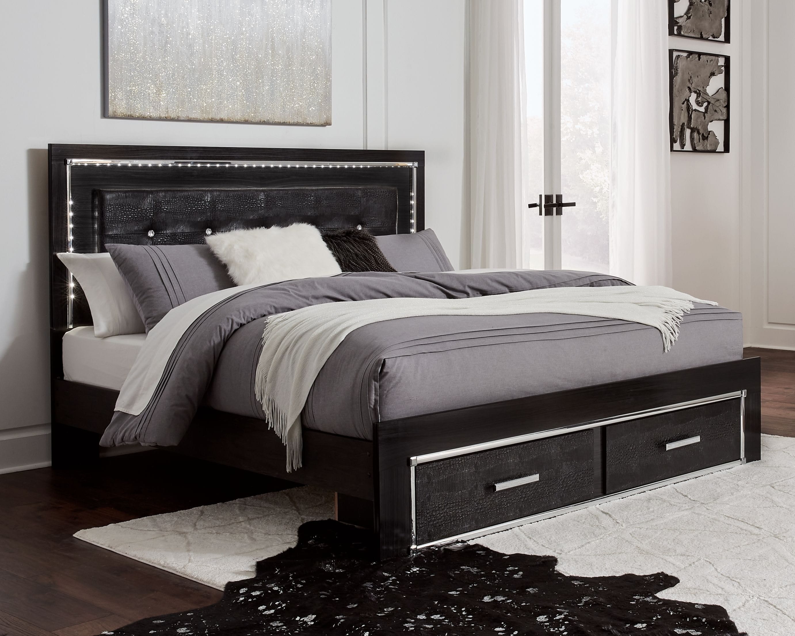 Ashley Bedroom King Upholstered Panel Bed with 2 Storage Drawers, Roll Slats B1420-58-56S-95-B100-14