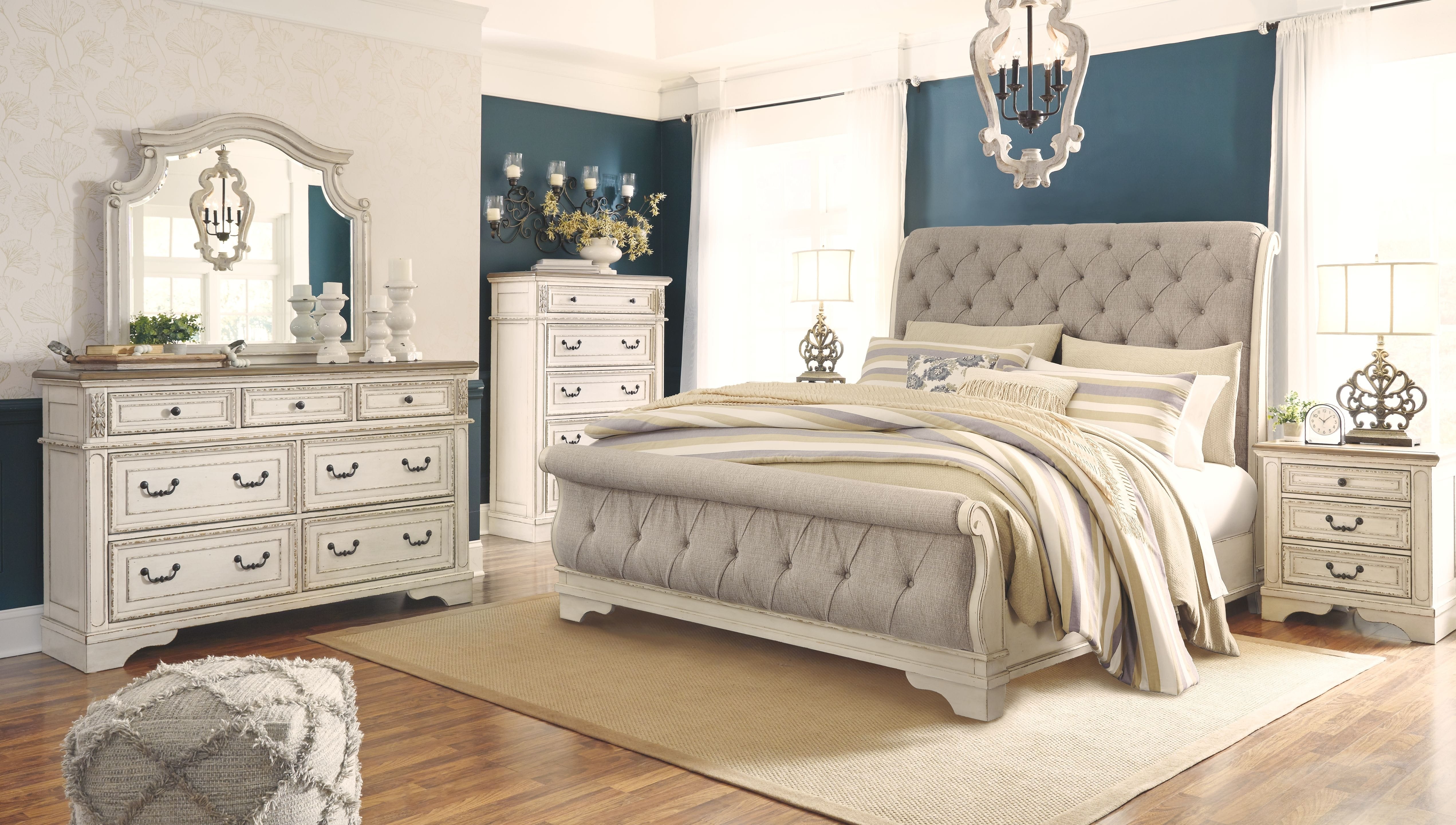 Ashley Bedroom 6 Piece Queen Upholstered Sleigh Bed Set B743-31-36-46-77-74-98