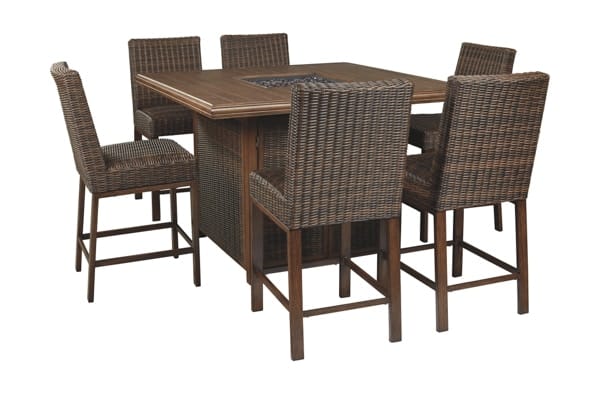 Ashley Outdoor/Patio 7 Piece Set - Fire Pit Table, 6 Barstools P750-665-130-3