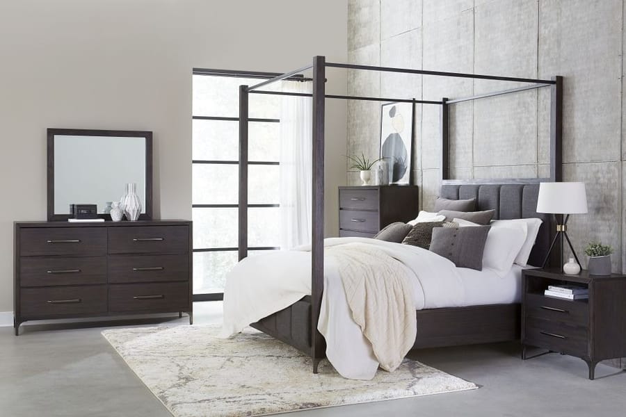 Modus Bedroom Lucerne Upholstered Canopy Bed In Vintage Coffee 5NL2B7