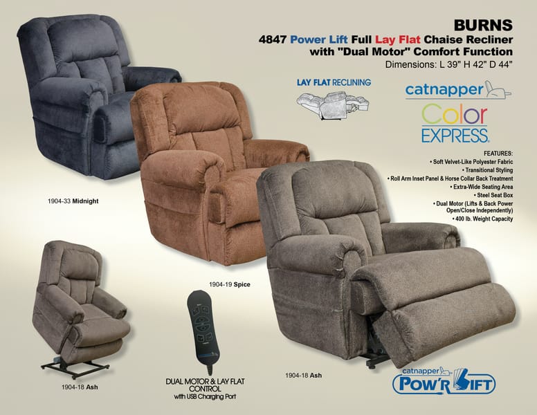 Catnapper Furniture Living Room Power Lift Full Lay Flat with Dual Motor Comfort Function 4847-Ash